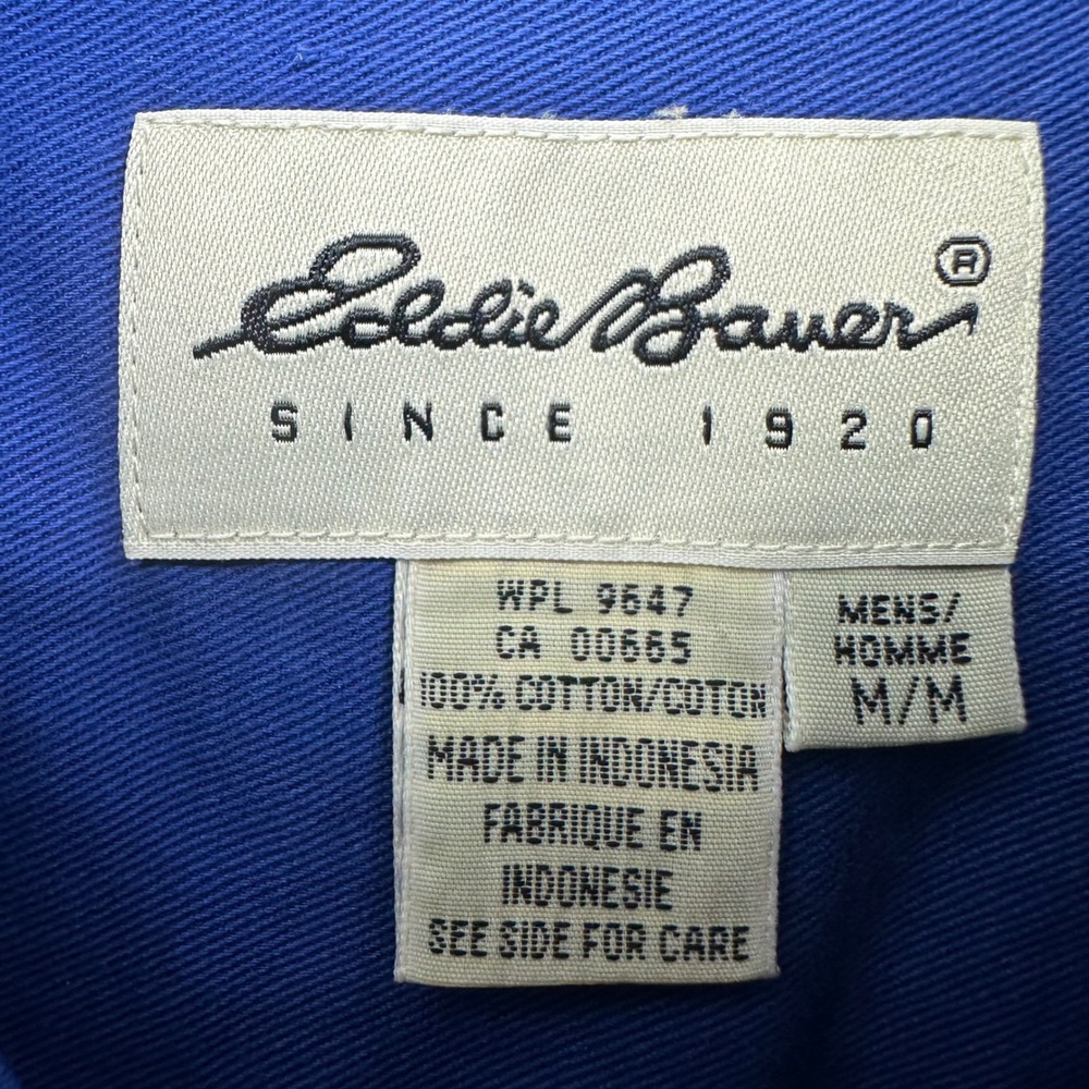 Eddie Bauer Button Front Men Medium Blue Short Sleeve Twill Shirt Cotton Heavy - Picture 3 of 7